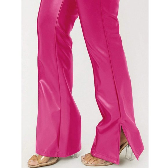 BarbieCore Split Hem PU Leather Flare Leg Pants Pink - Picture 5 of 5